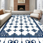 Classic Blue Floral Tile Pattern Rug
