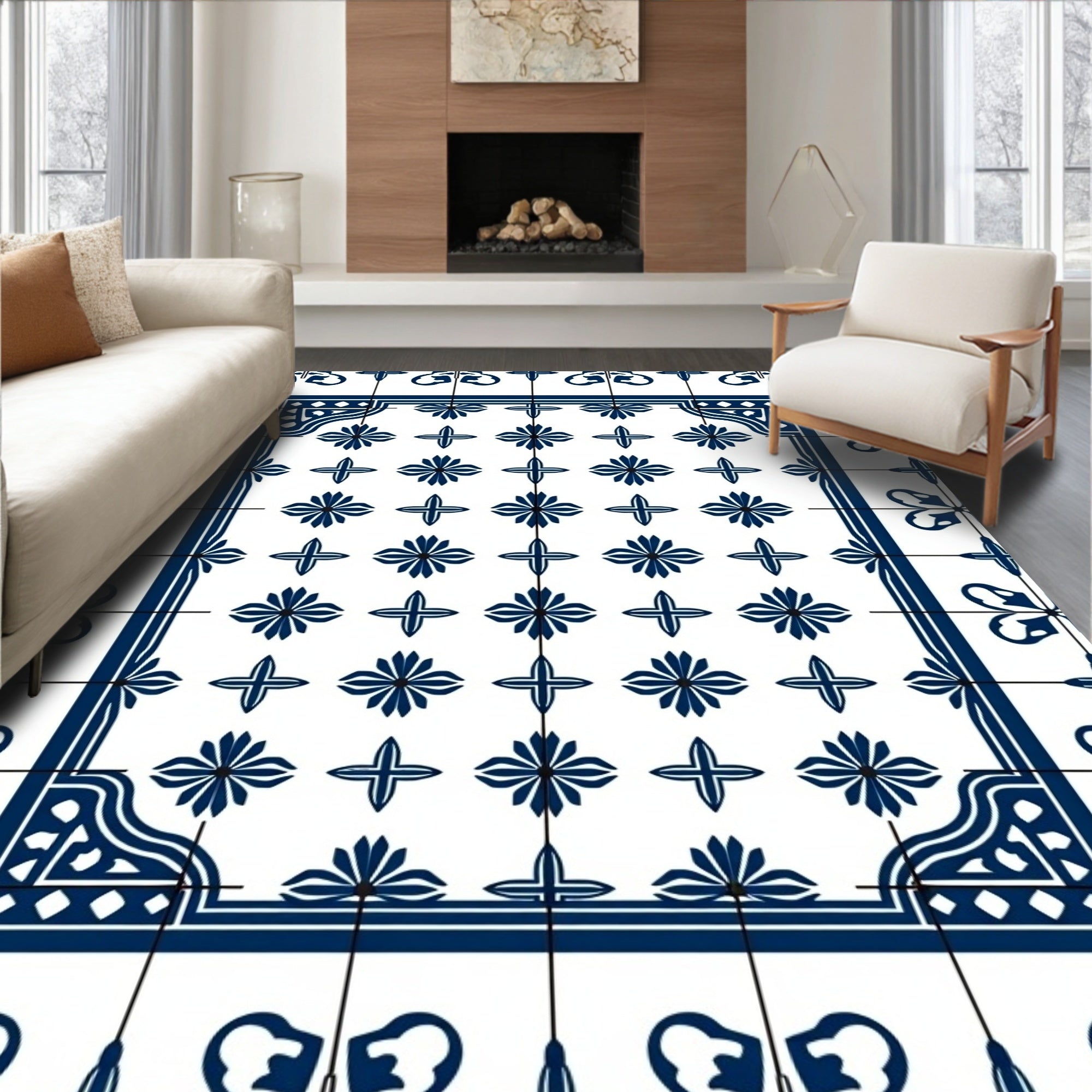 Classic Blue Floral Tile Pattern Rug