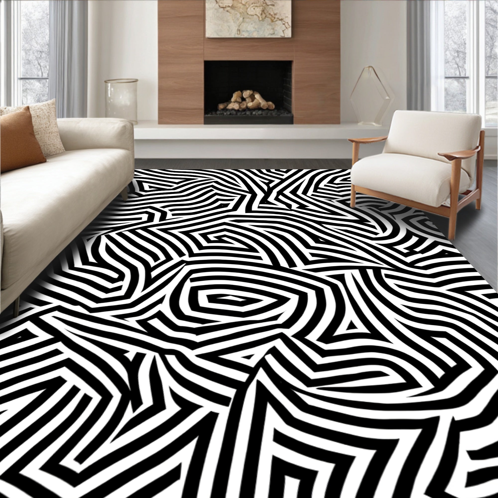 Abstract Black White Geometric Stripes Rug
