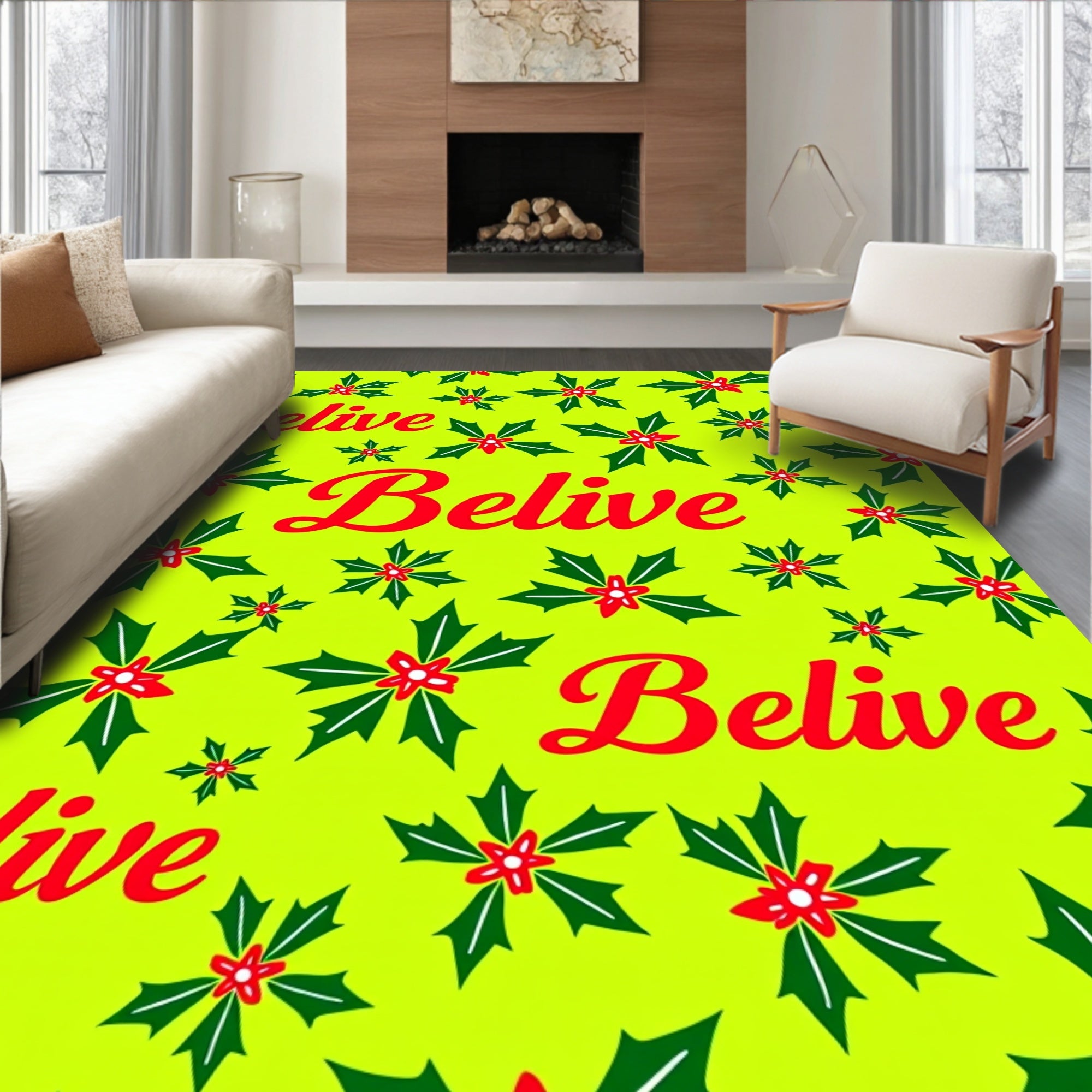 Bright Yellow Holly Berry Calligraphy Rug