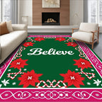 Festive Pink Holly Poinsettia Ribbon Rug
