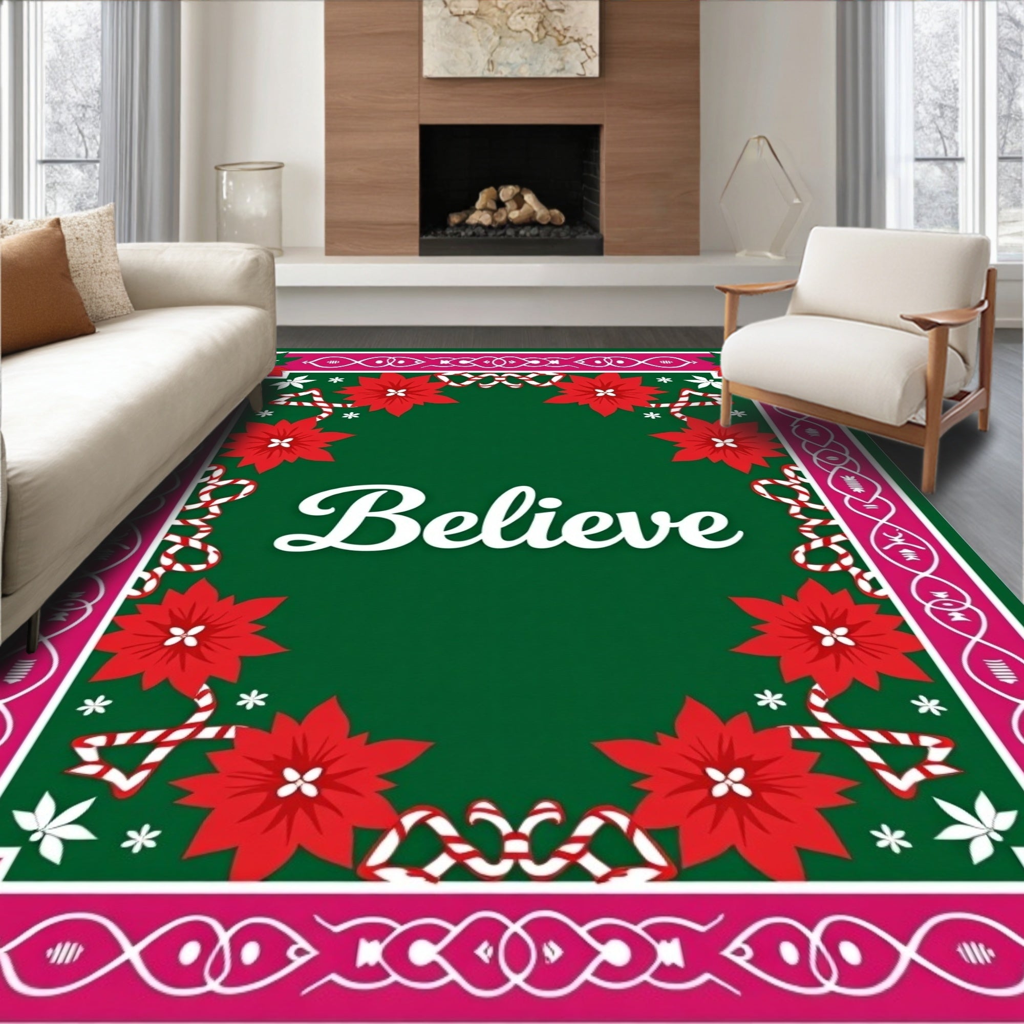 Festive Pink Holly Poinsettia Ribbon Rug