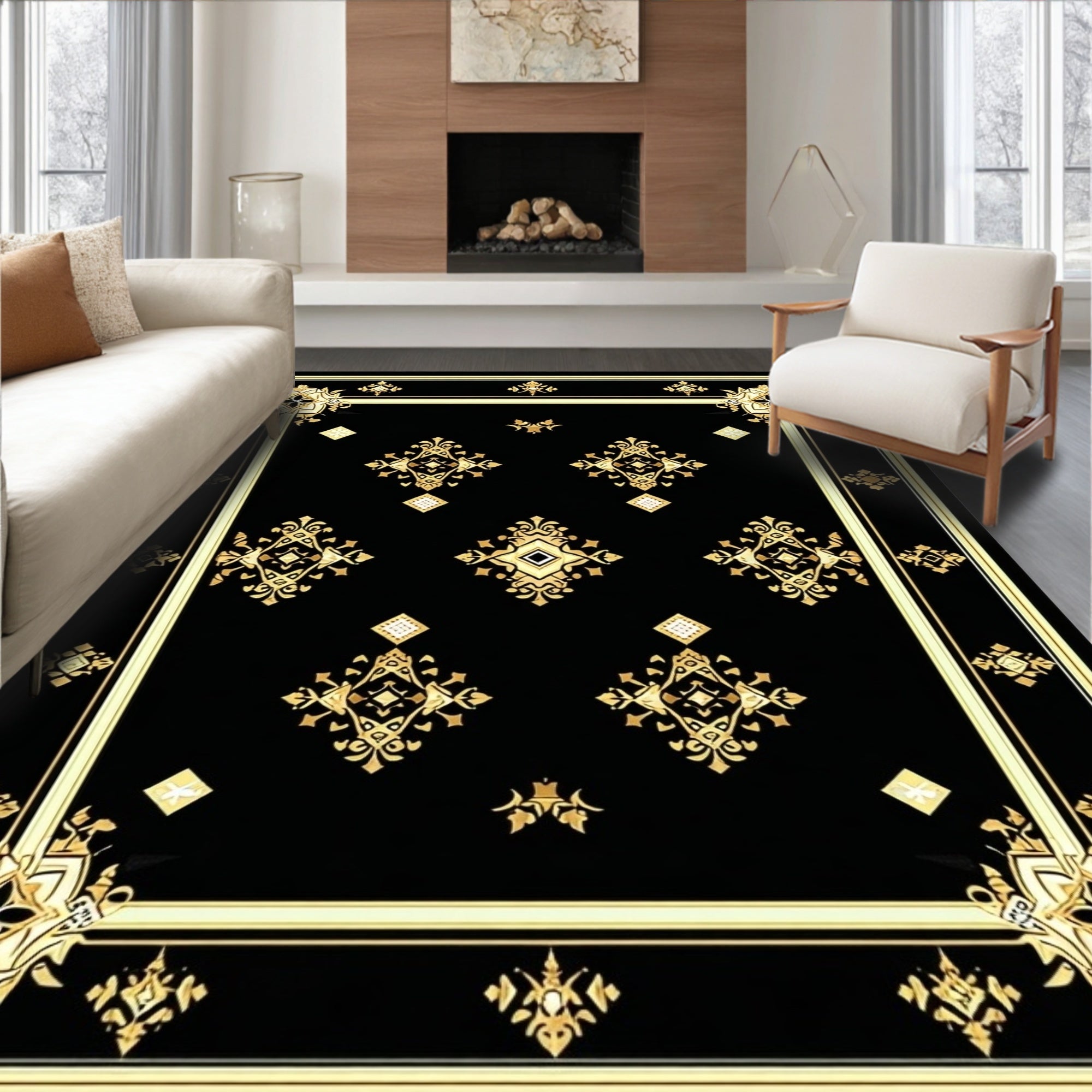 Elegant Black Gold Ornate Pattern Rug