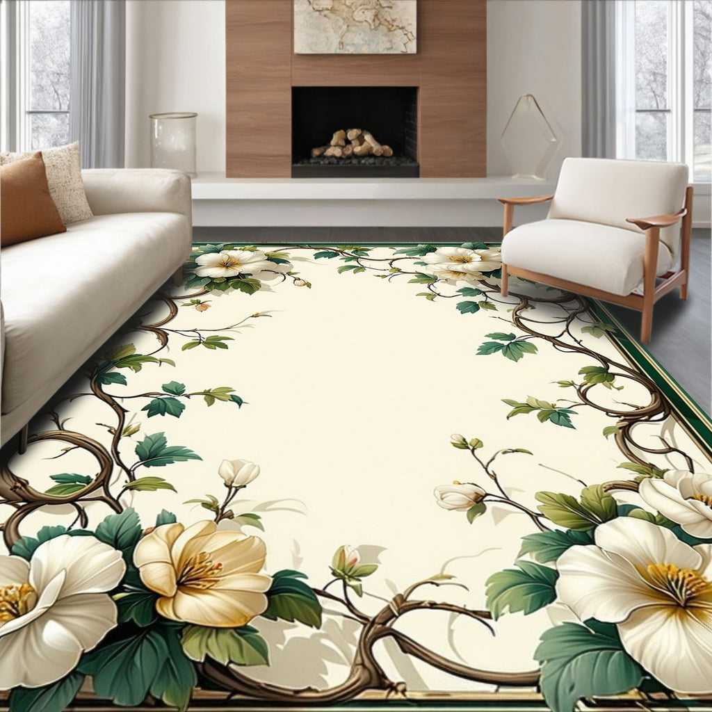 Ornate White Floral Vine Pattern Rug