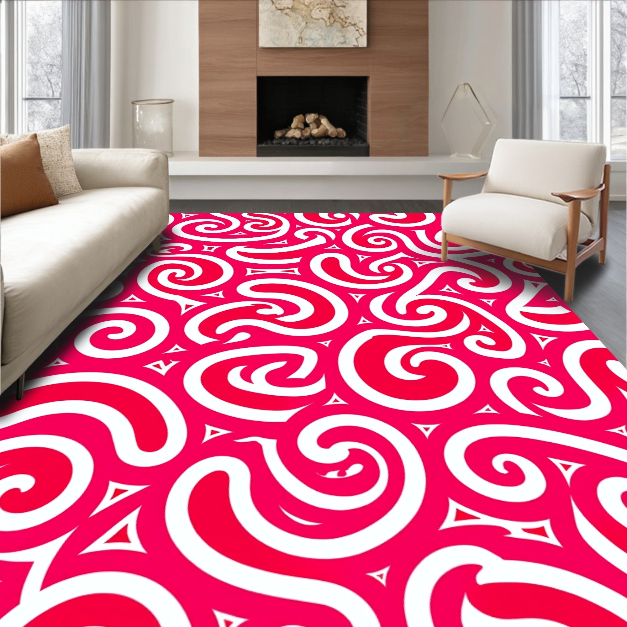 Bold Crimson Swirls with Triangles Rug