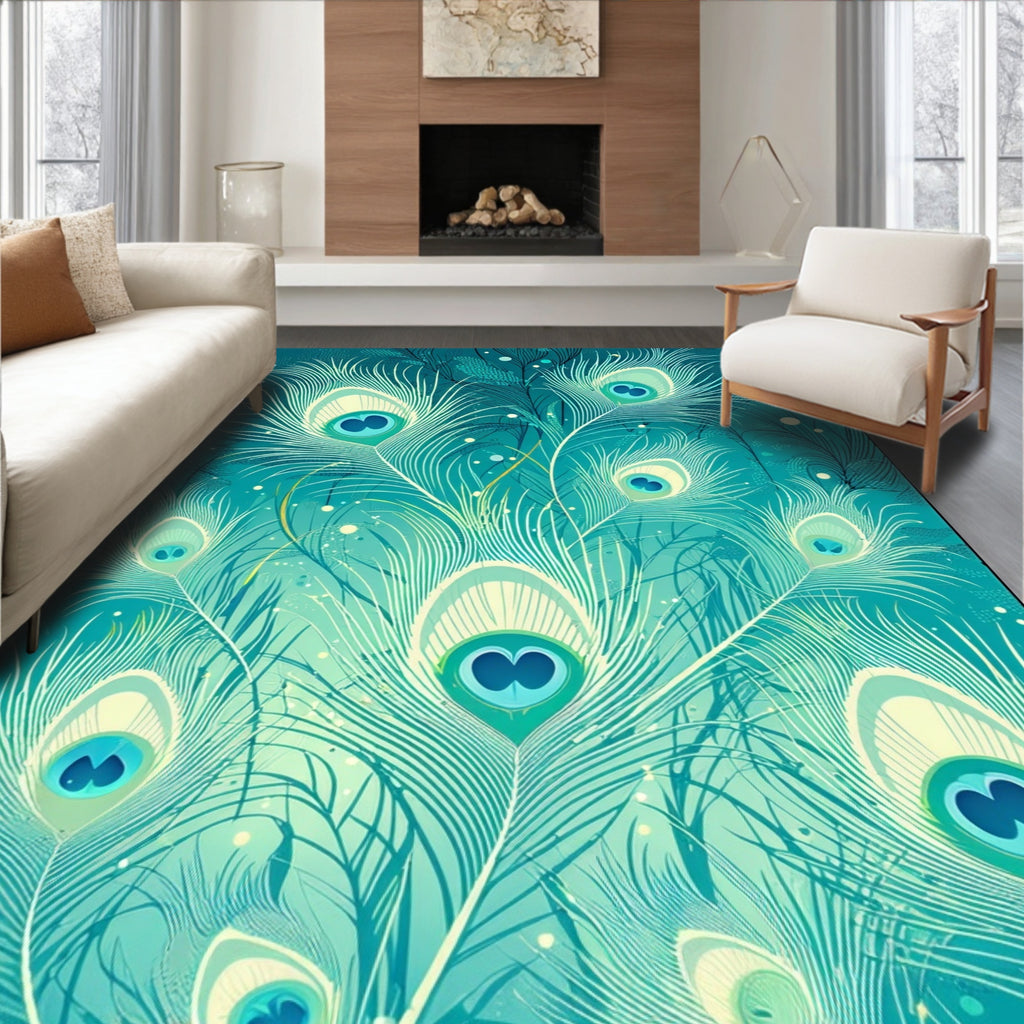 Teal Cream Peacock Feather Design Rug