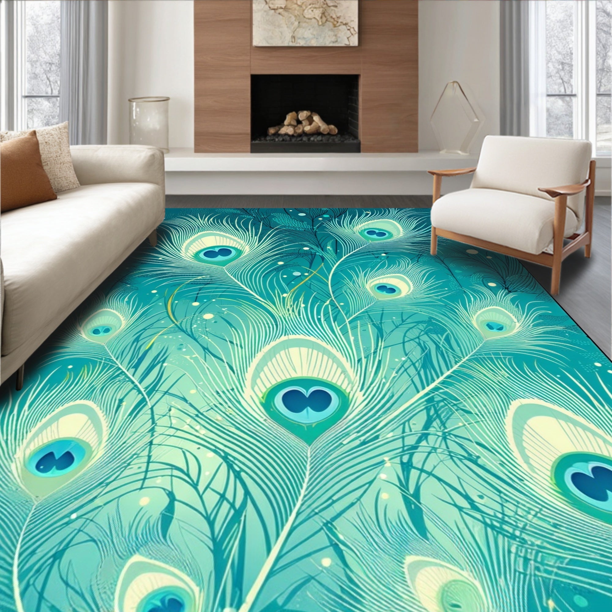 Teal Cream Peacock Feather Design Rug