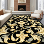 Ornate Floral Scrollwork Black Rug