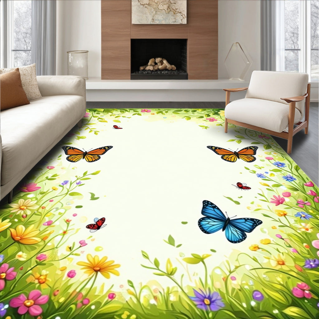 Spring Meadow Butterflies Floral Design Rug