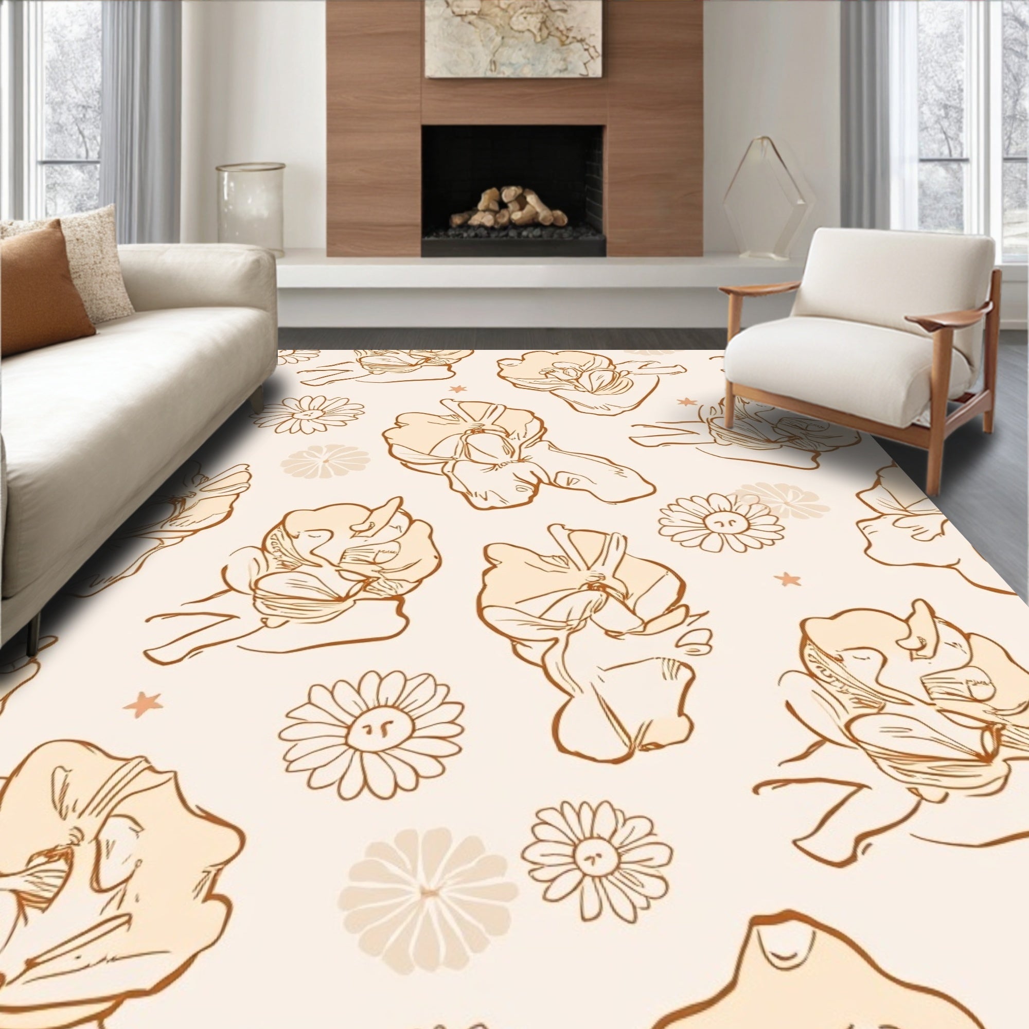 Retro Floral Blossom Line Art Rug