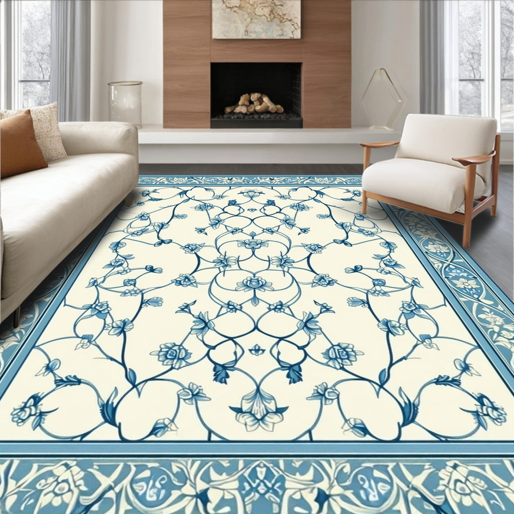 Blue Floral Vine Intricate Design Rug