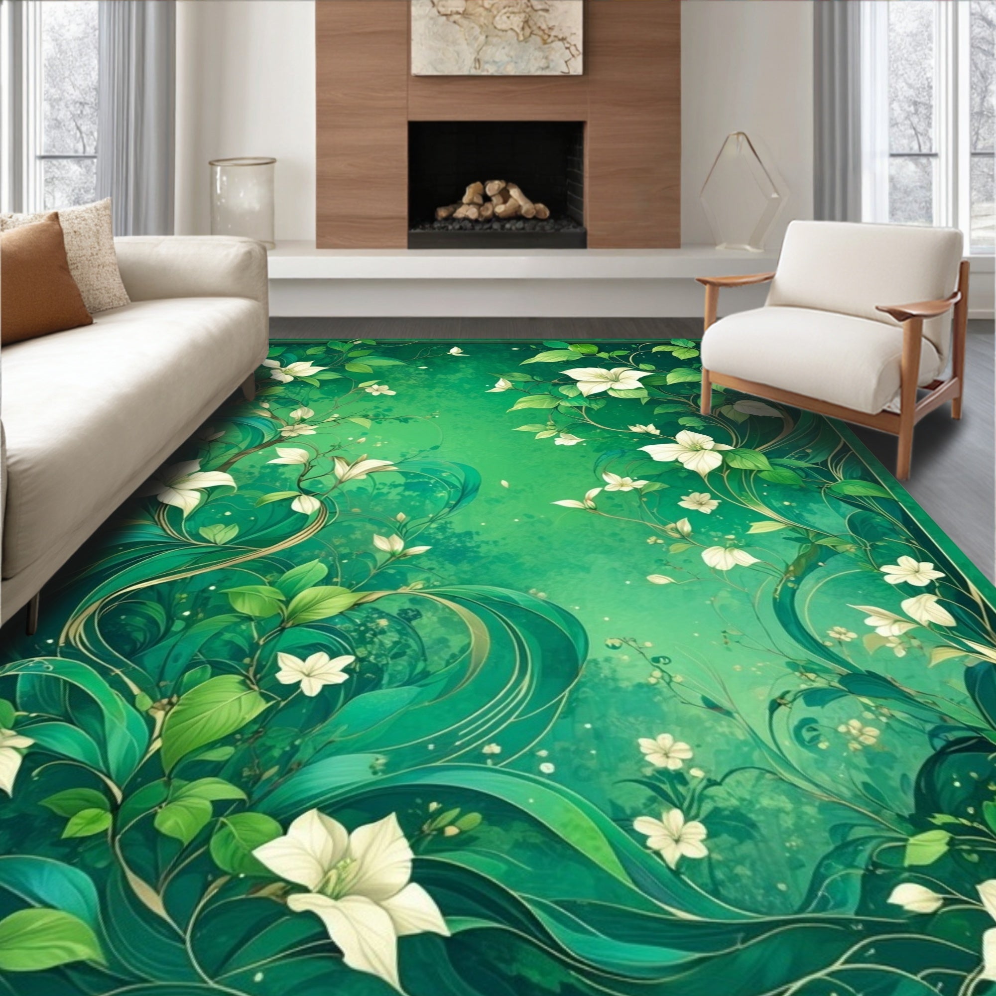 Emerald Green Floral Vines Art Rug