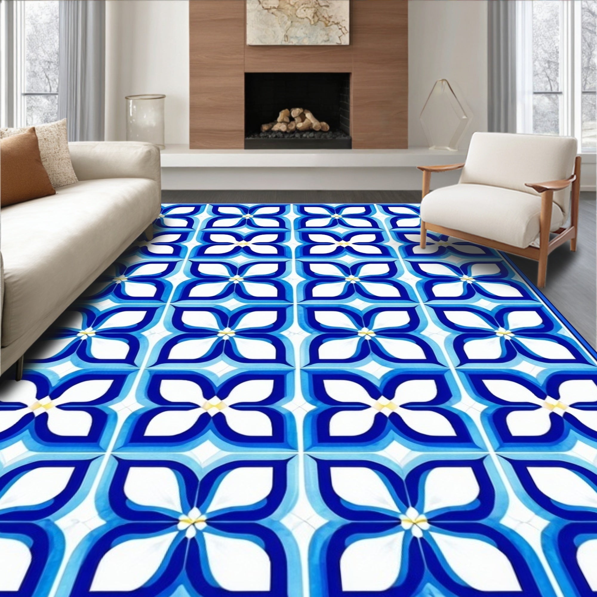 Blue White Floral Geometric Pattern Rug