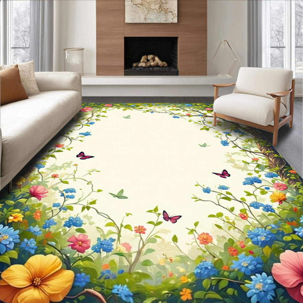 Vibrant Floral Canopy And Butterfly Border Rug