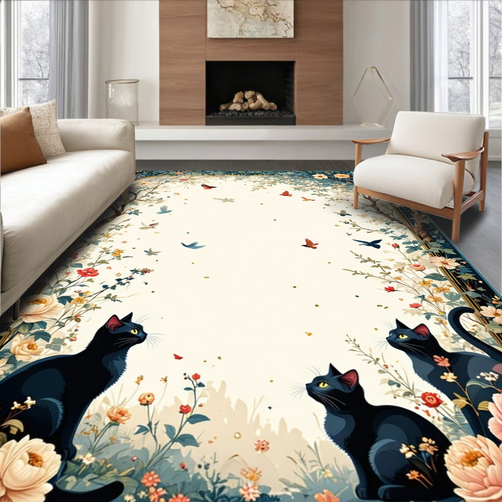 Whimsical Black Cats Floral Garden Rug