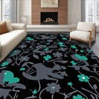Dark Grey Teal Floral Bird Pattern Rug