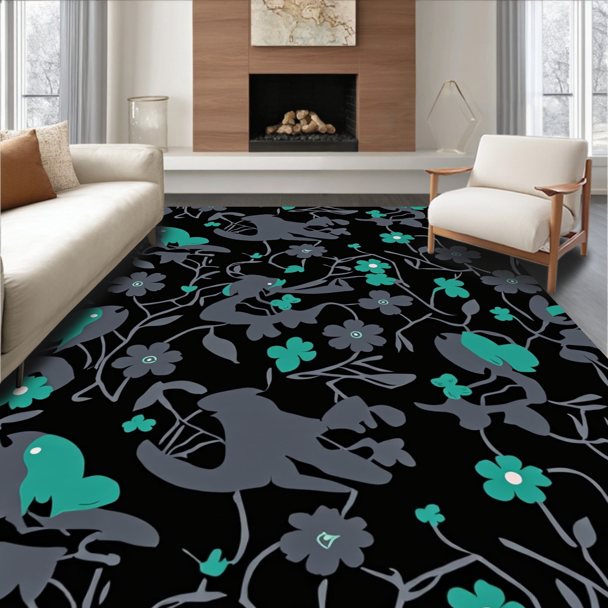 Dark Grey Teal Floral Bird Pattern Rug