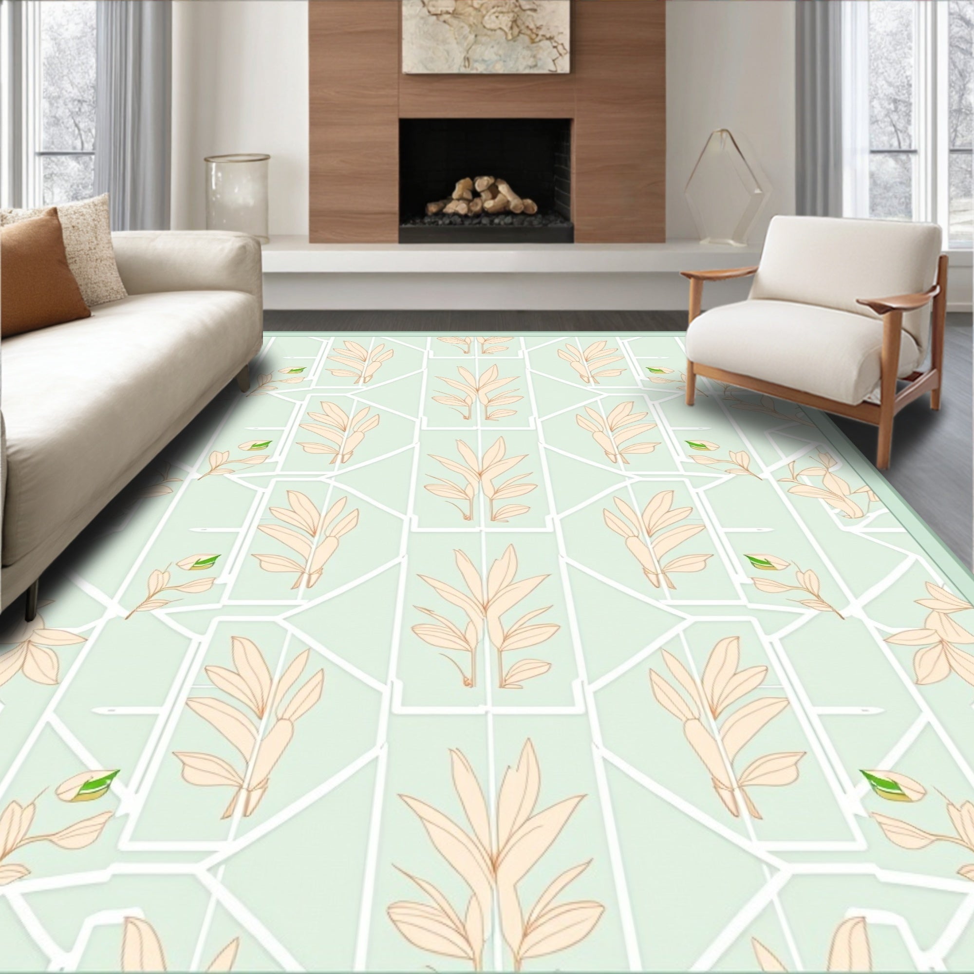 Pale Peach Leaf Geometric Pattern Rug