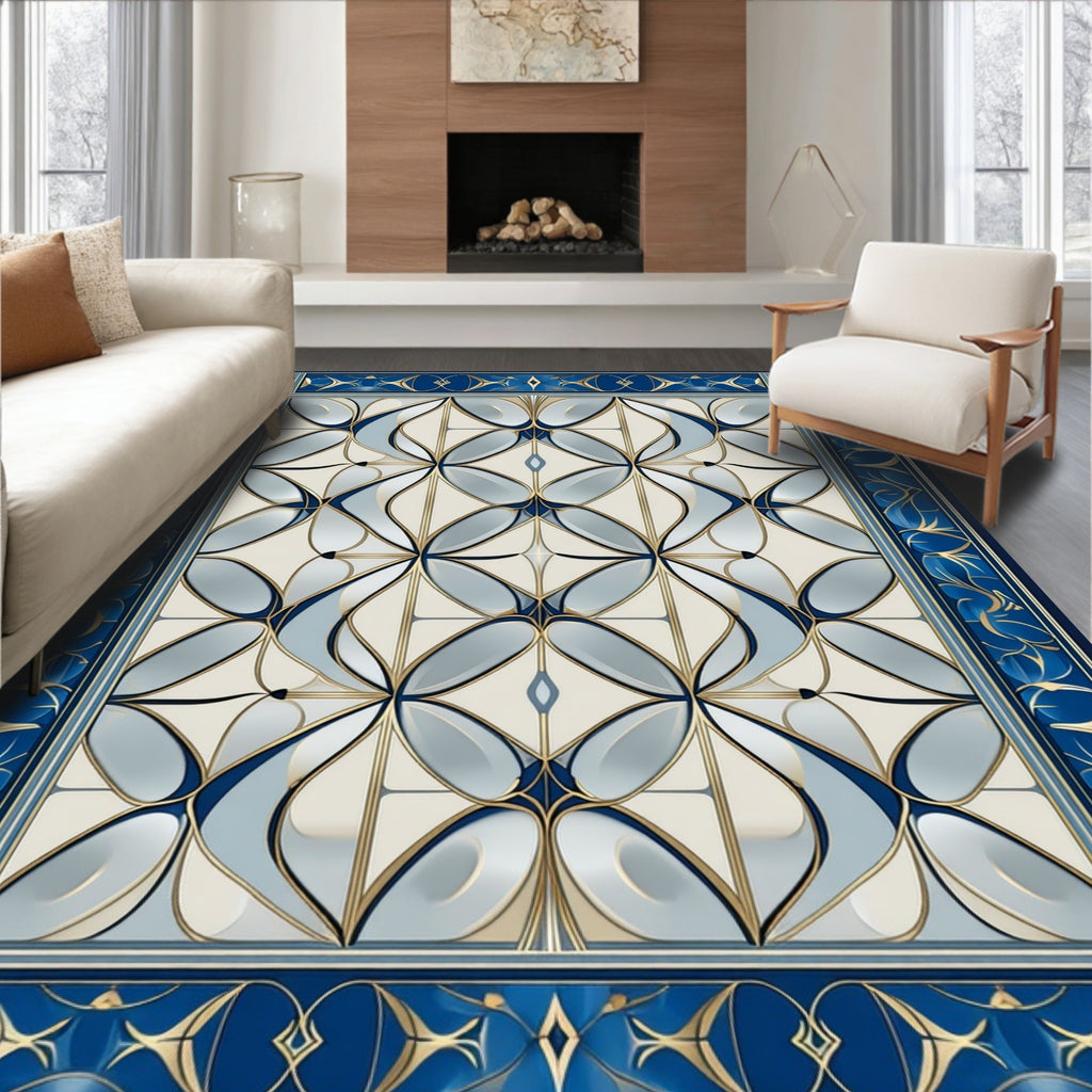 Elegant Blue Gold Interlocking Petal Pattern Rug