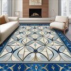 Elegant Blue Gold Interlocking Petal Pattern Rug