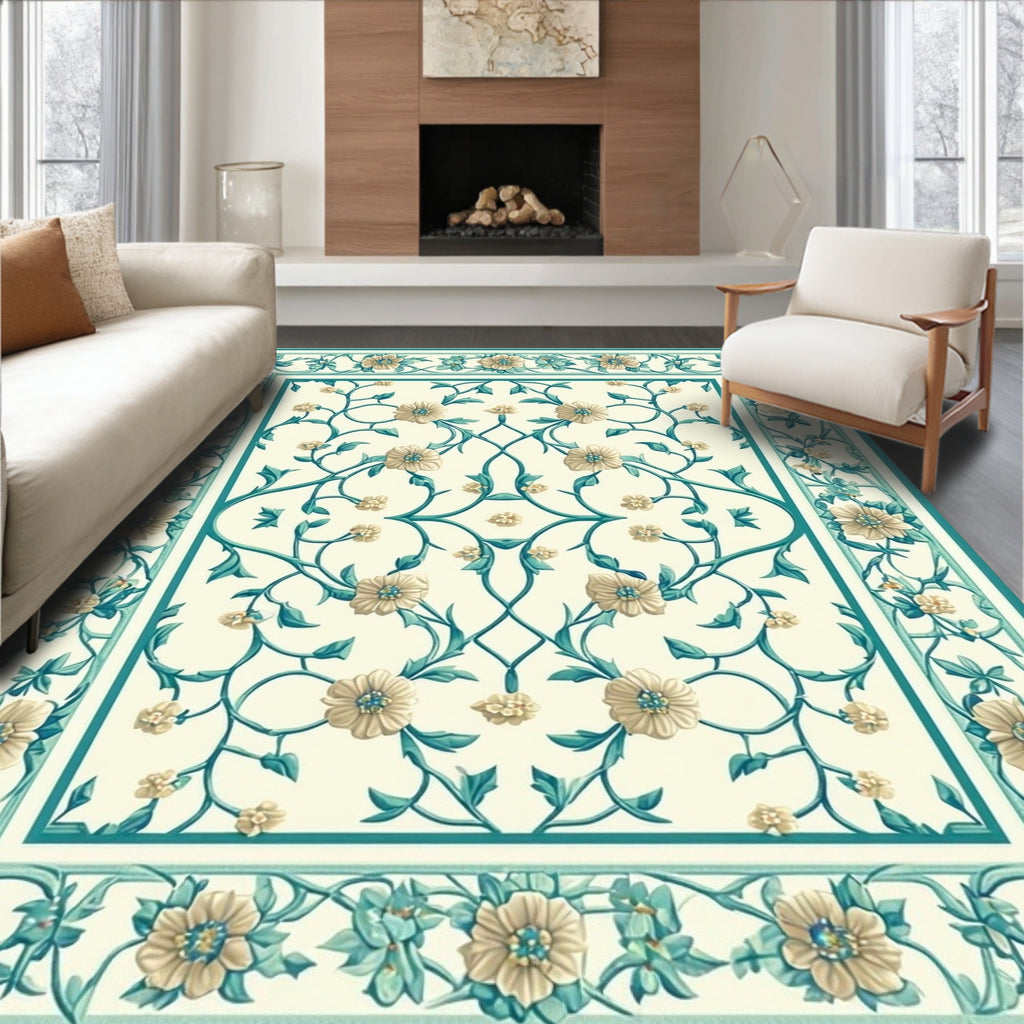 Cream Teal Floral Vine Pattern Rug