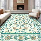 Cream Teal Floral Vine Pattern Rug