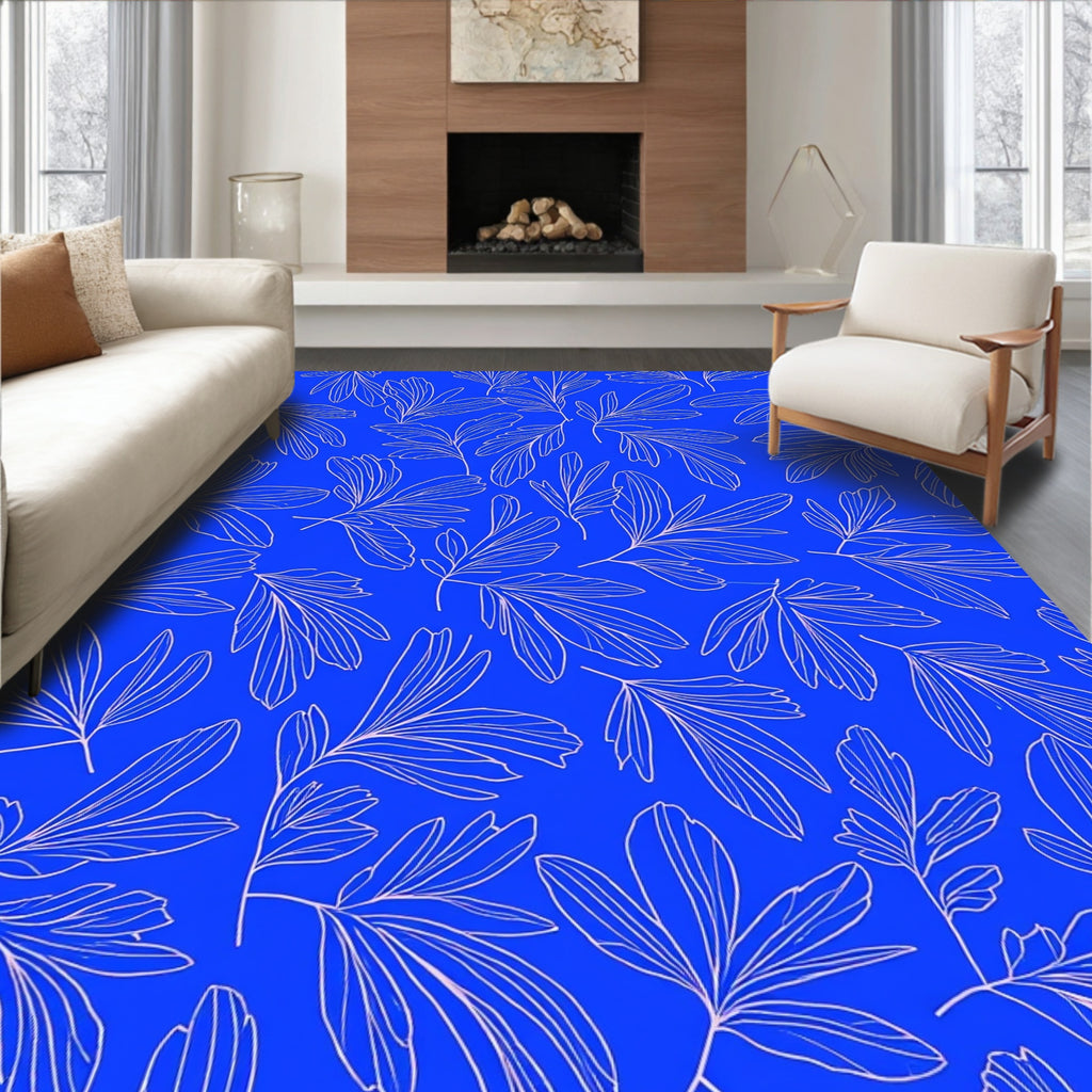 Bold Blue Leaf Line Art Design Rug