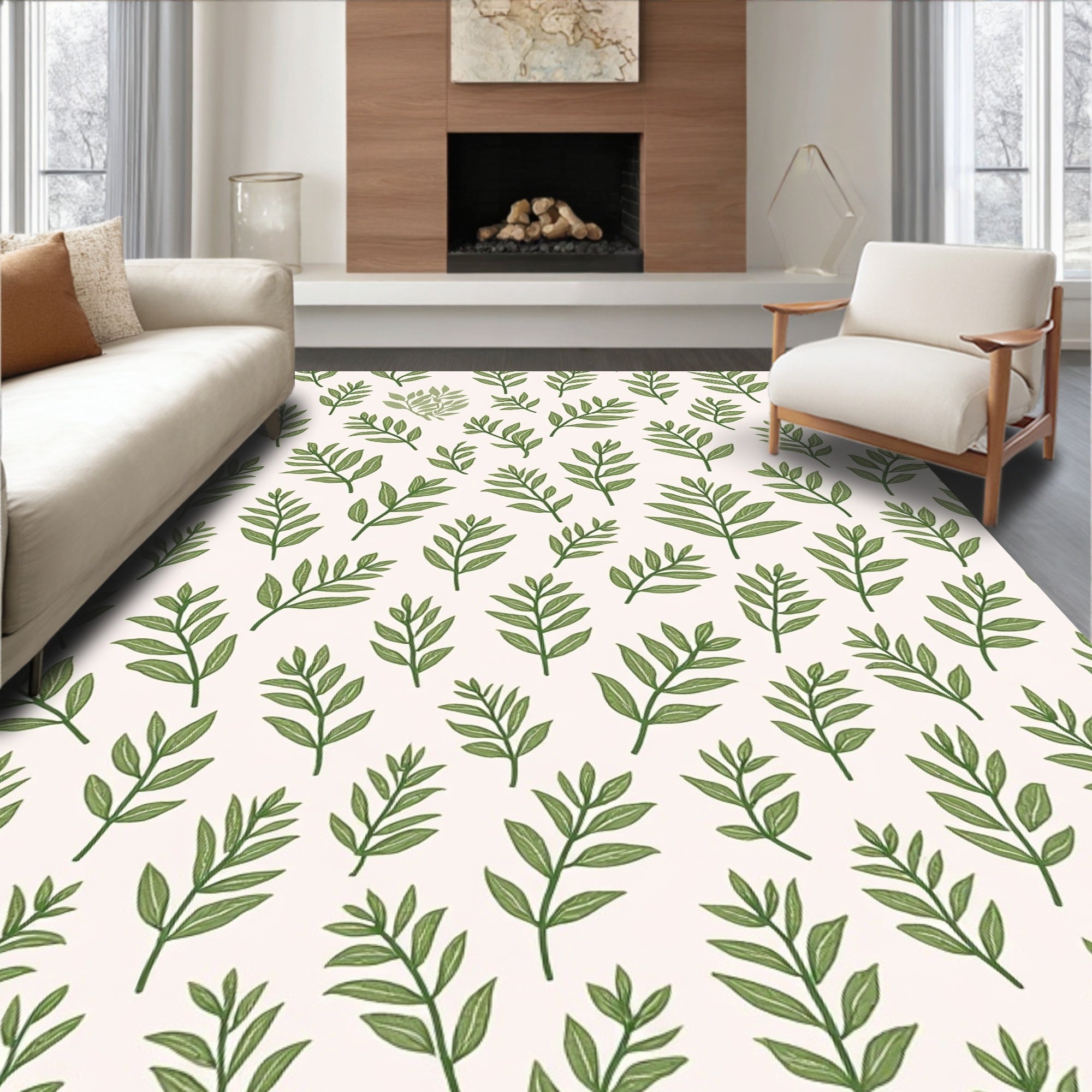 Earthy Green Leaf Pattern Rug