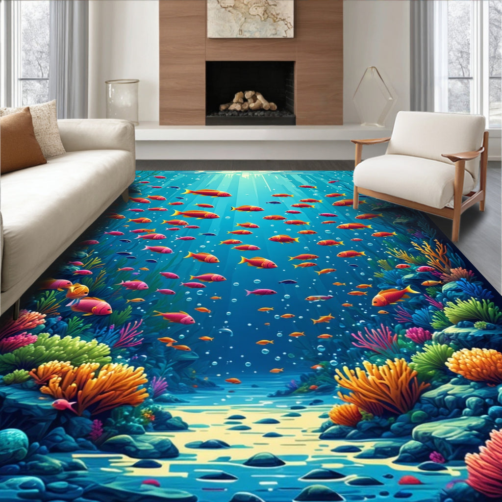 Vibrant Coral Reef Fish School Rug