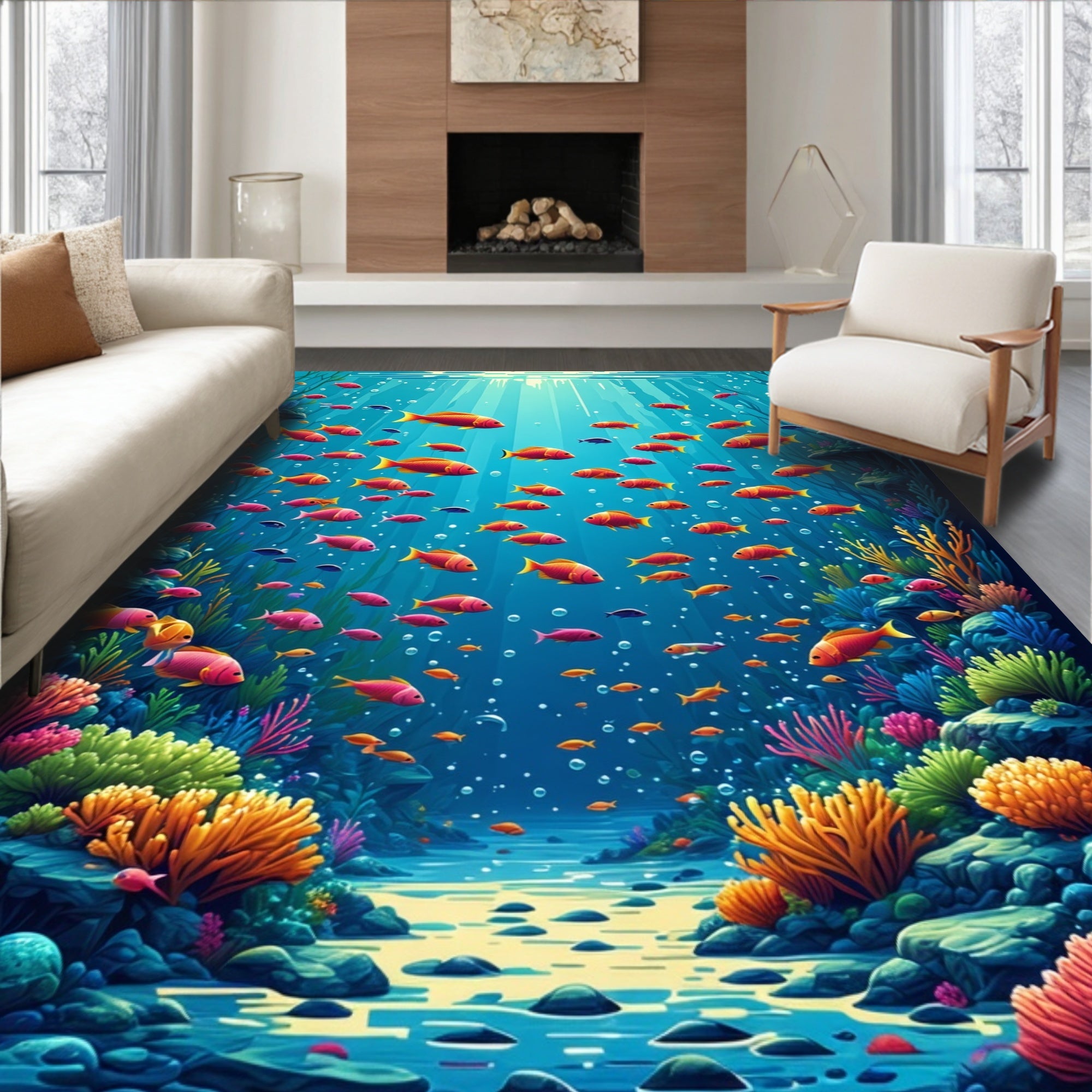 Vibrant Coral Reef Fish School Rug