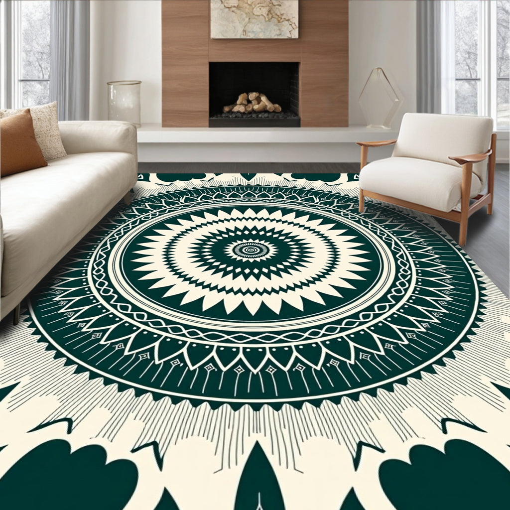 Deep Teal Sunburst Radial Mandala Rug