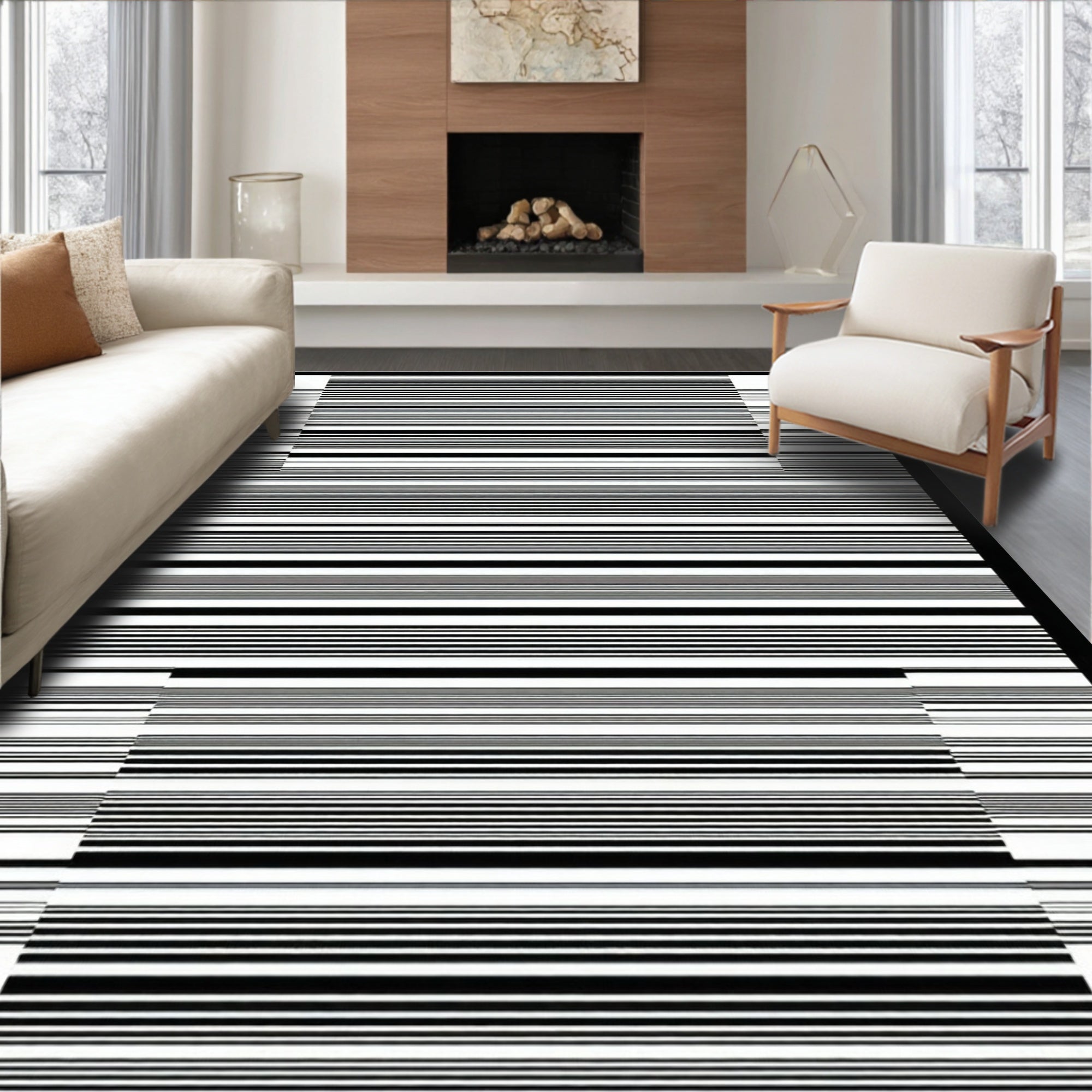 Modern Black White Stripe Graphic Rug