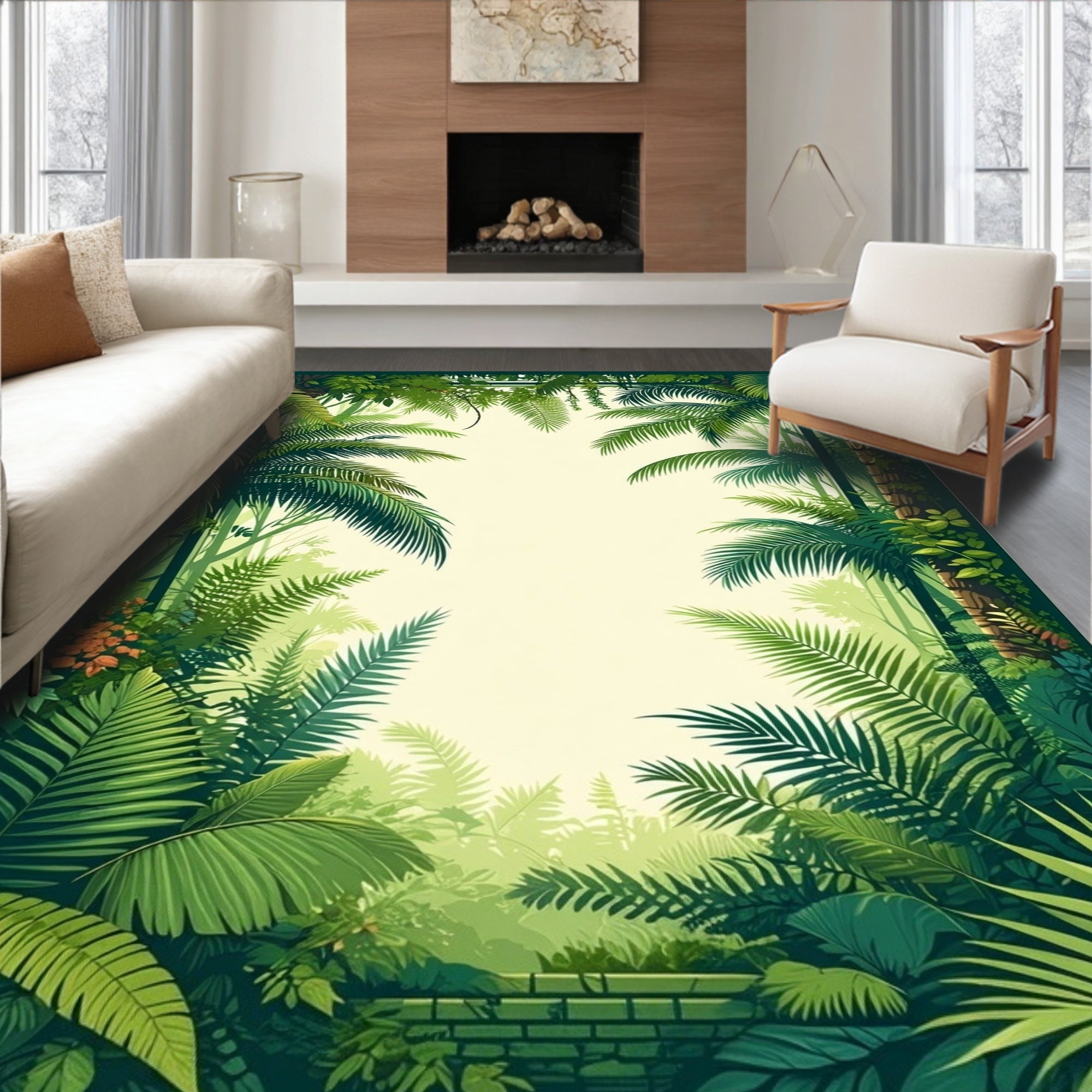 Lush Tropical Jungle Leaf Pattern Rug