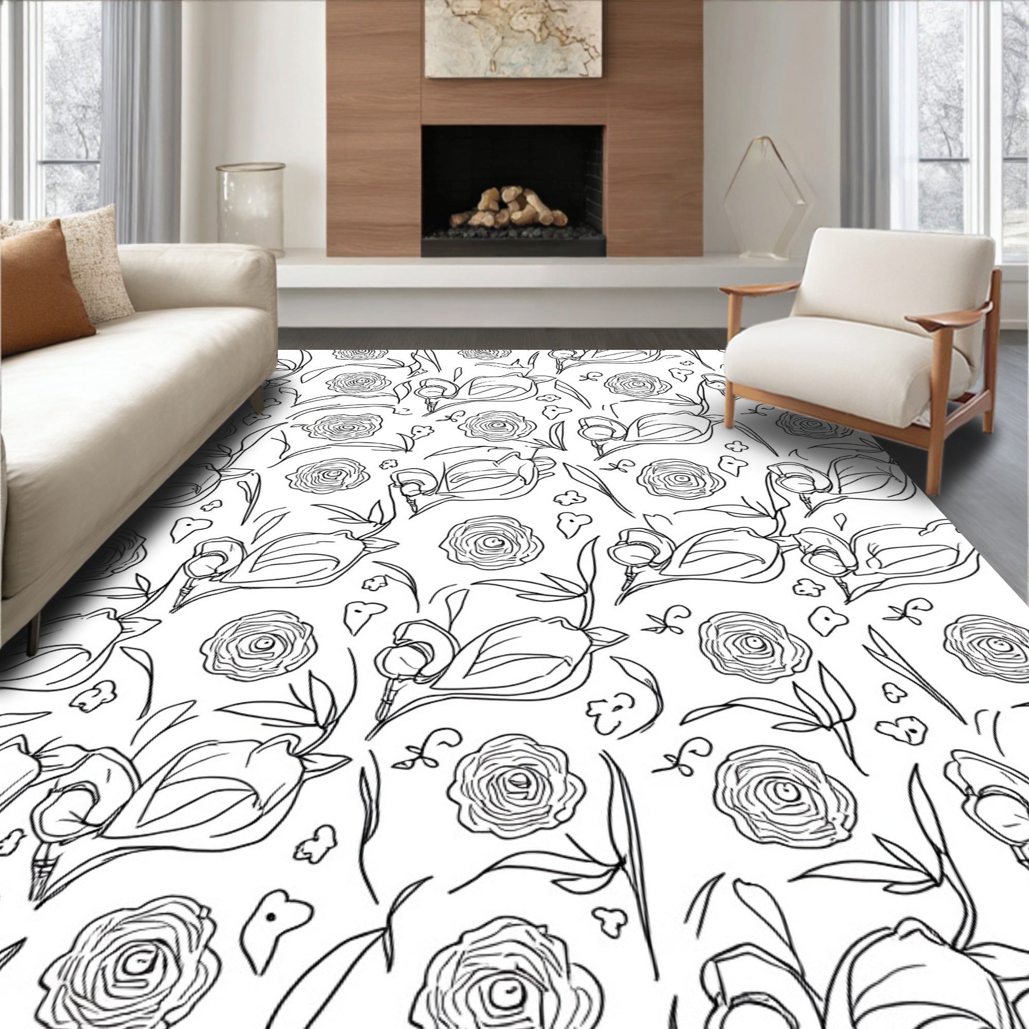 Whimsical Outline Floral Sketch Rug