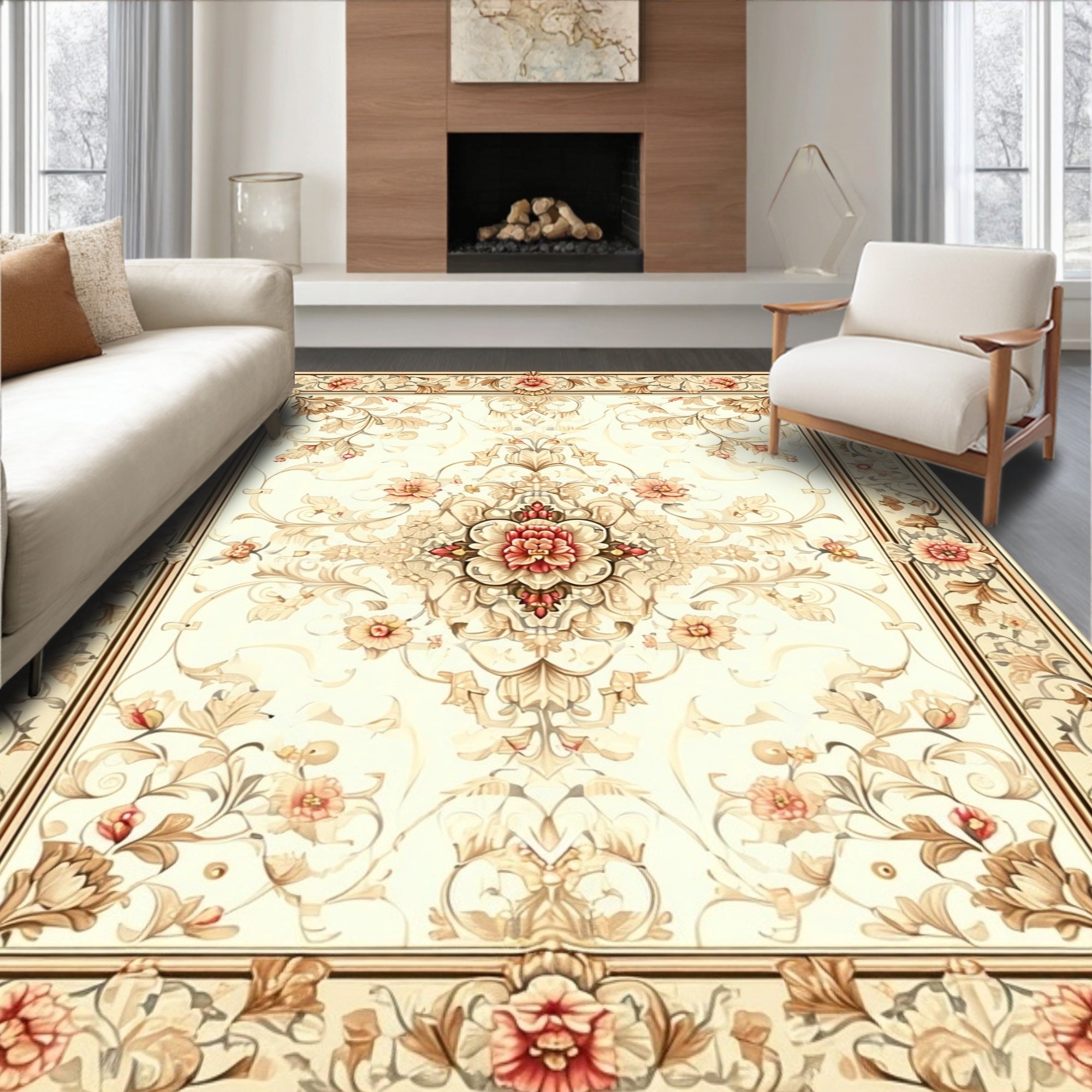 Neutral Floral And Scroll Pattern Rug