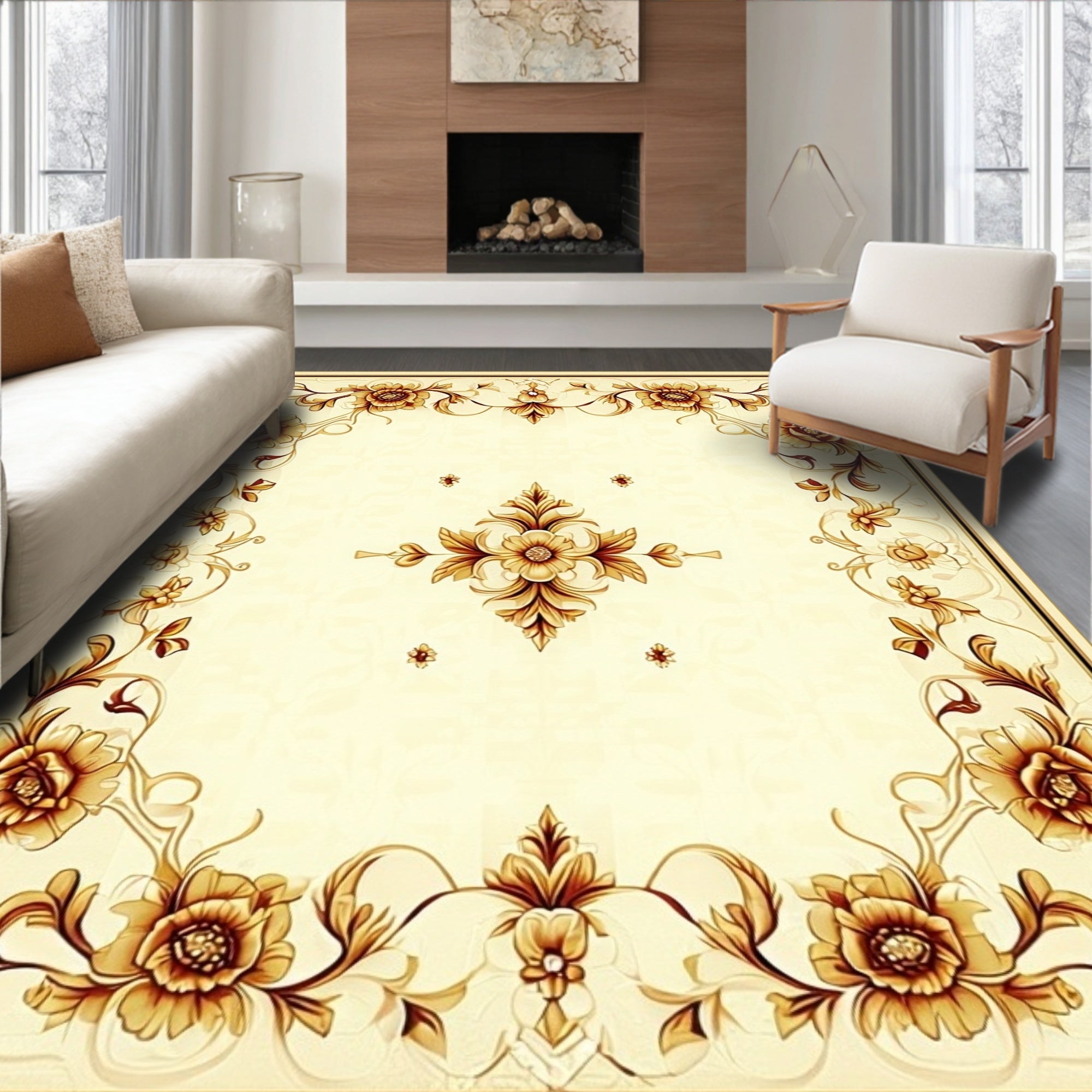 Elegant Golden Floral Scroll Pattern Rug
