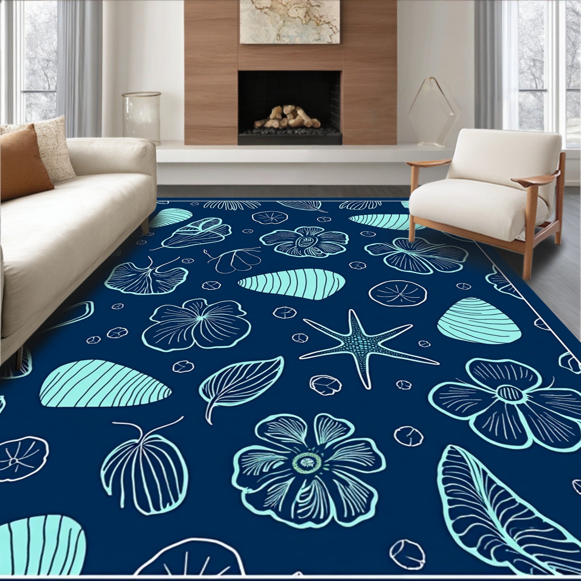 Oceanic Floral Nature Outline Pattern Rug