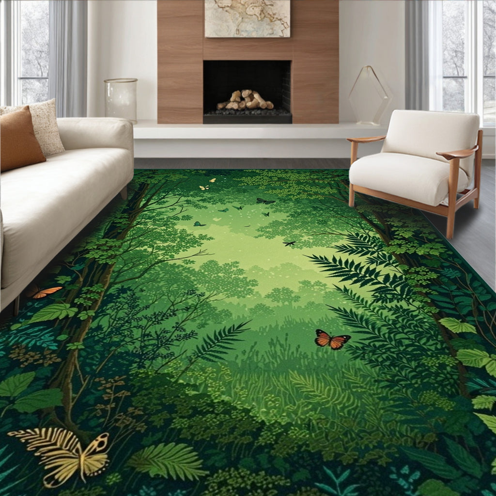 Enchanted Emerald Forest Butterfly Scene Rug
