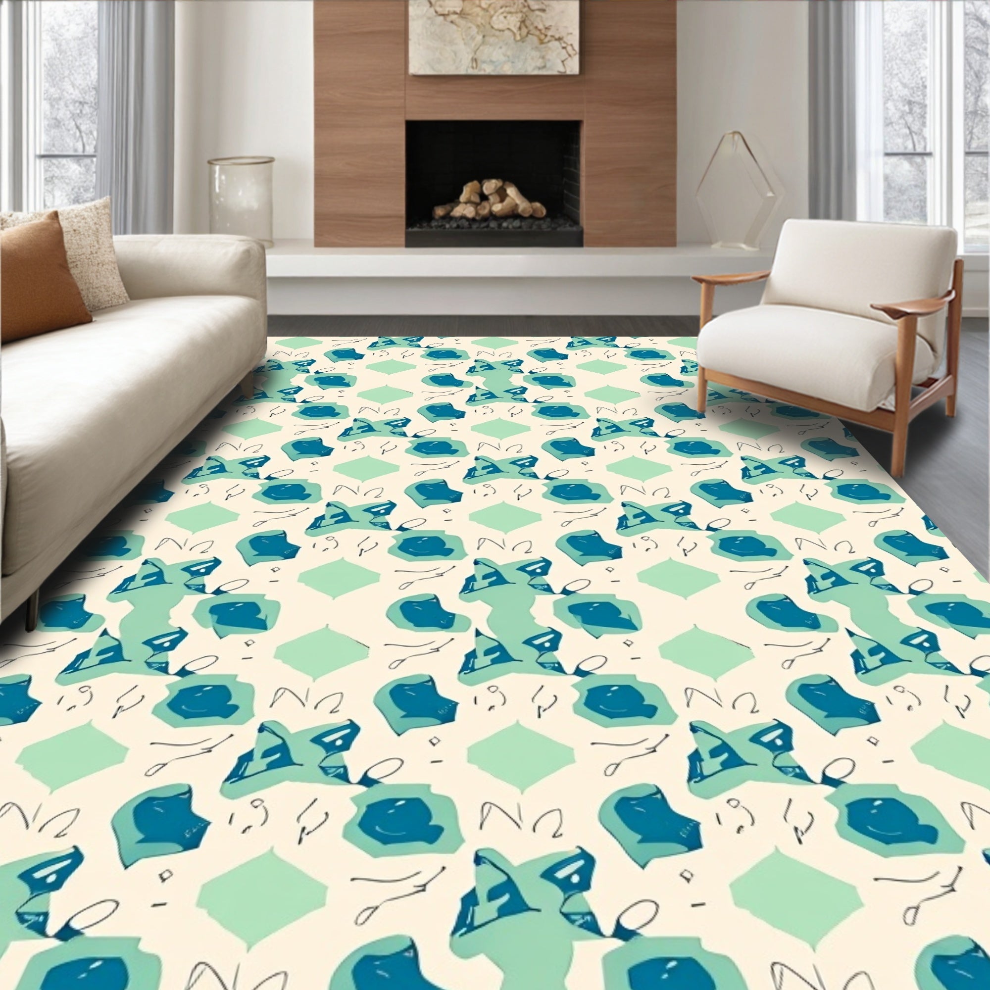 Teal Abstract Blobs Lines Pattern Rug