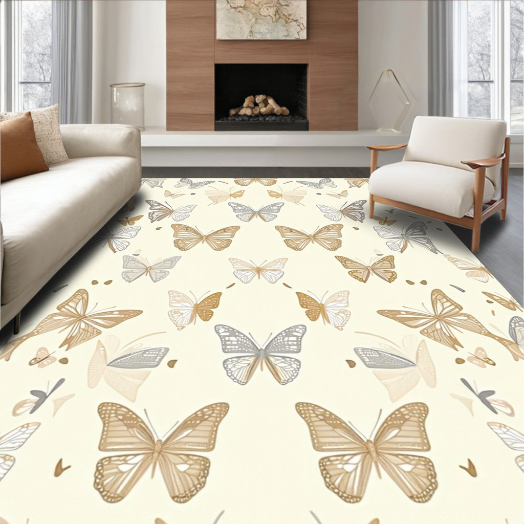 Neutral Butterfly Patterned Textile Rug