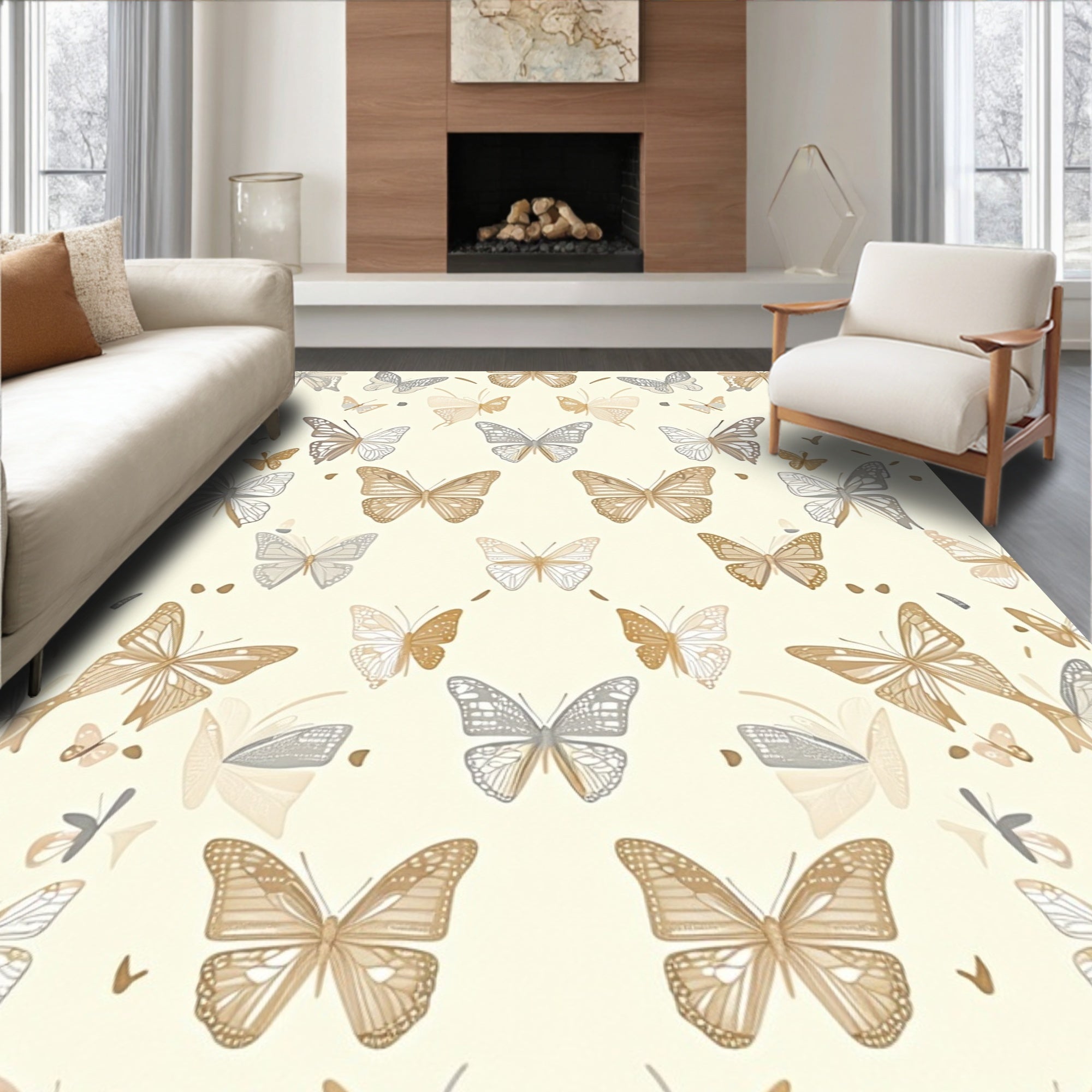 Neutral Butterfly Patterned Textile Rug