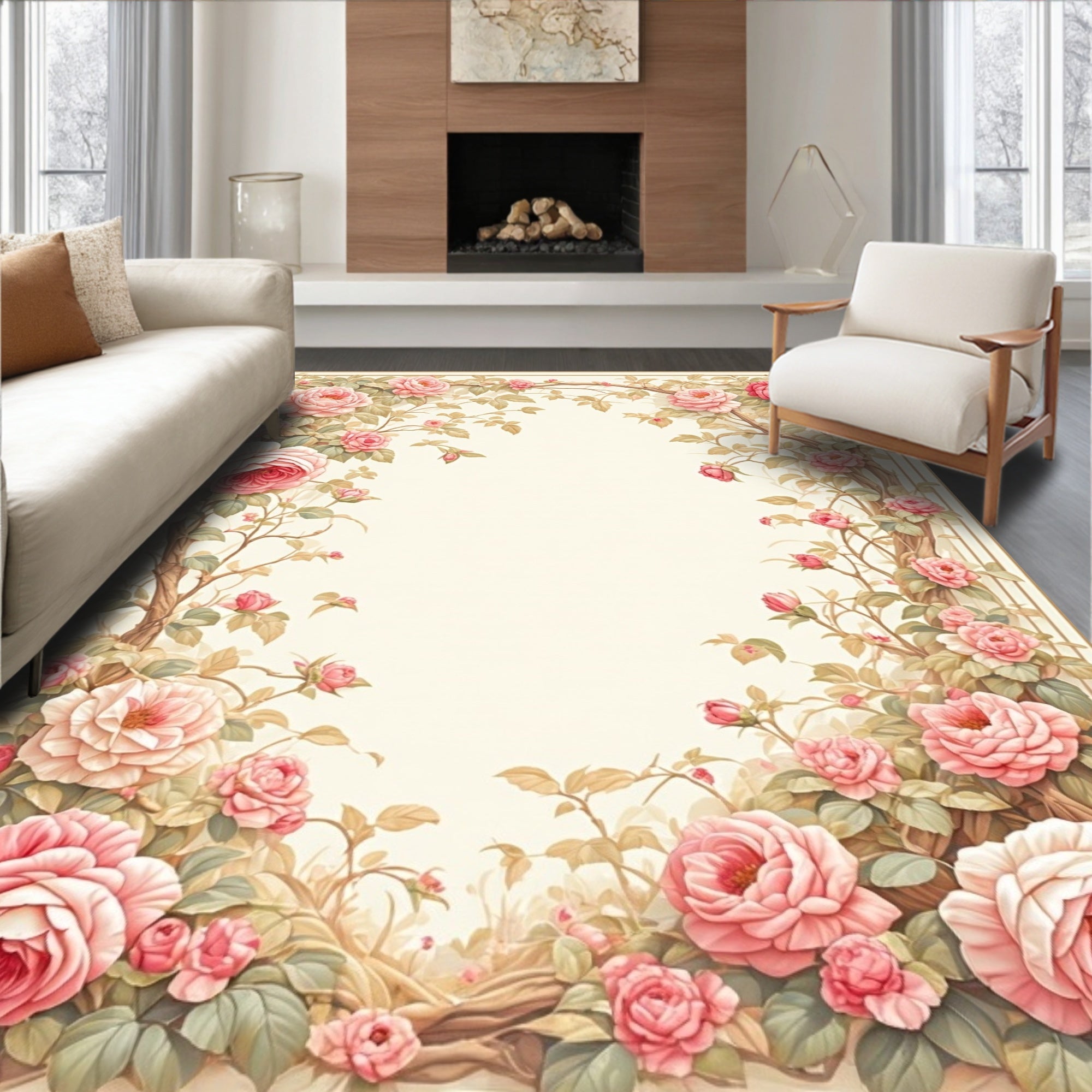 Shabby Chic Pink Floral Vine Design Rug