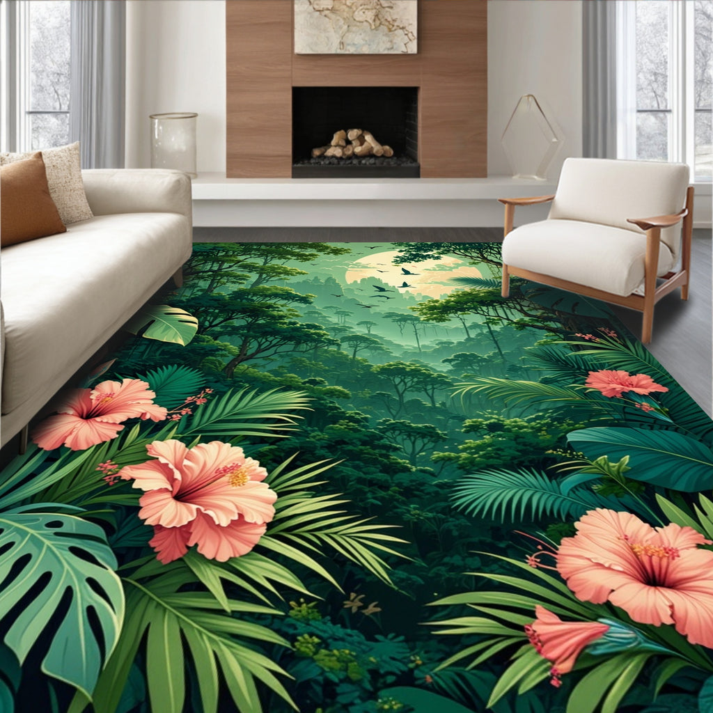 Vivid Tropical Jungle Floral Design Rug