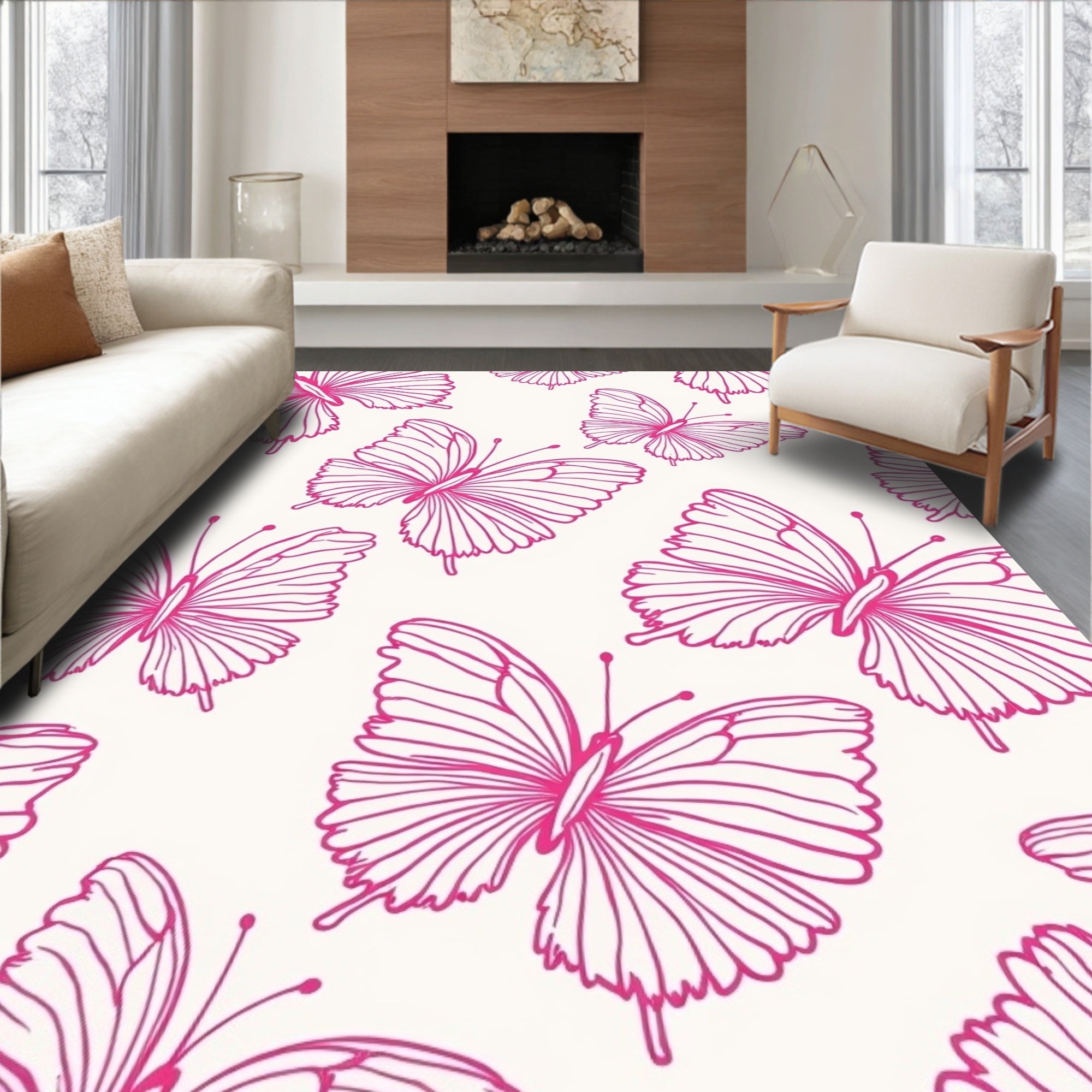 Bright Pink Butterfly Pattern Rug