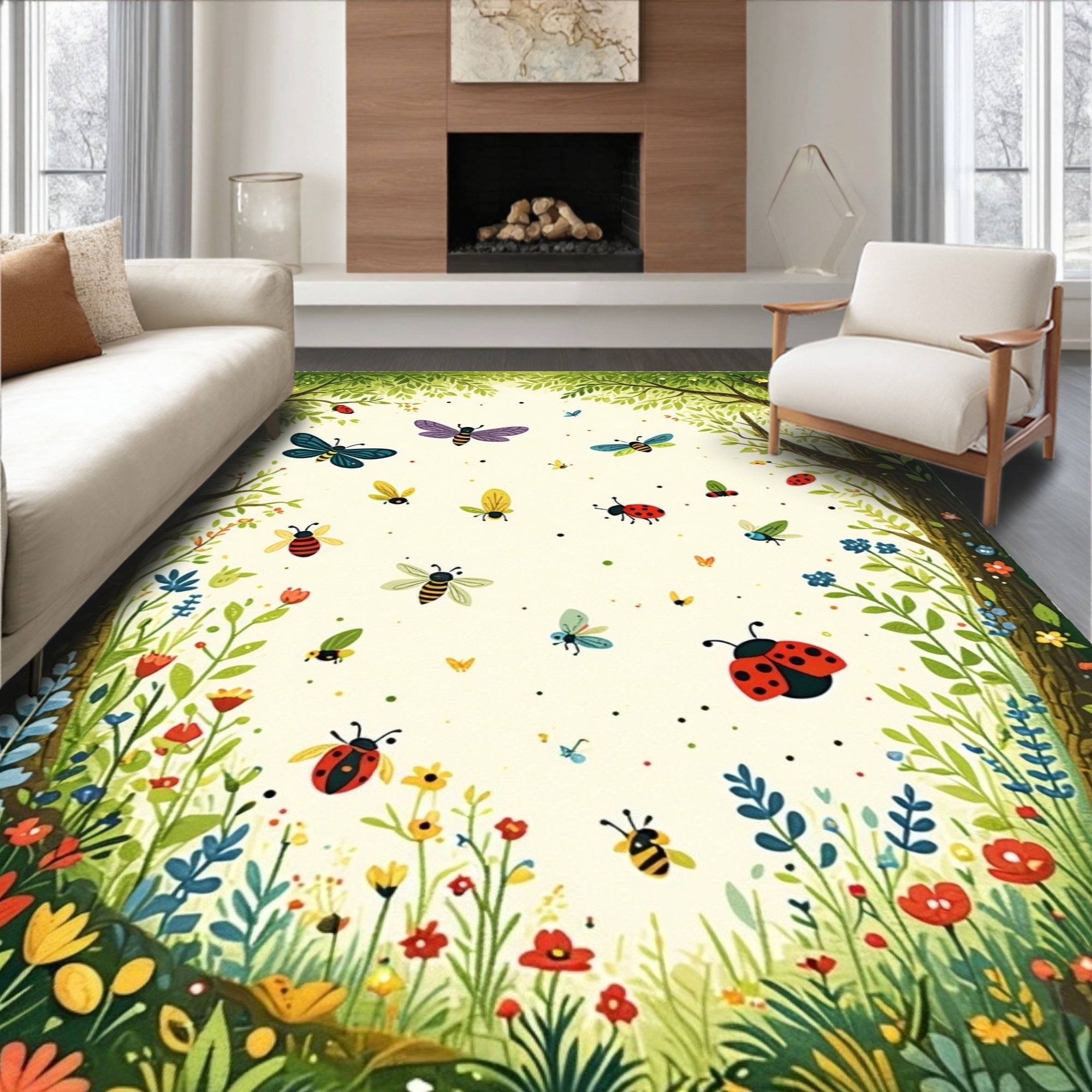Whimsical Insects Floral Garden Scene Rug