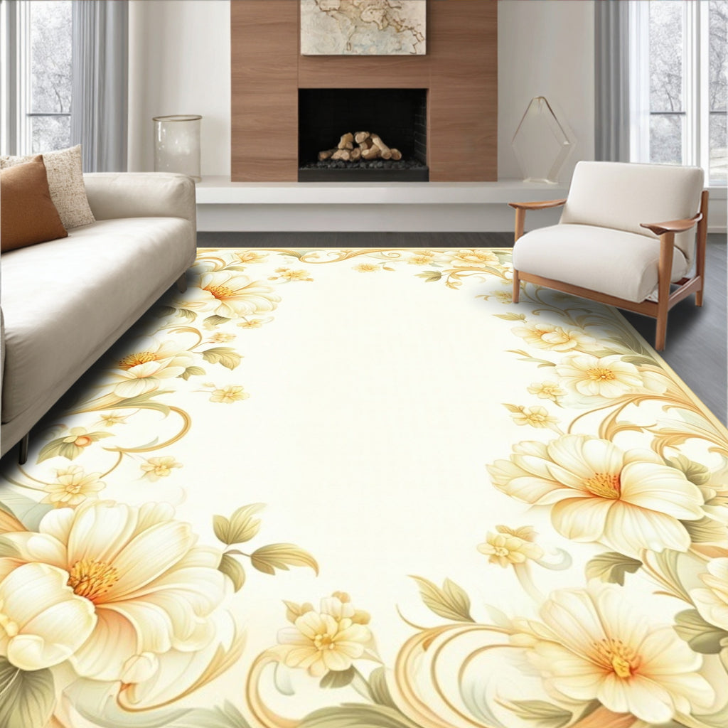 Elegant Cream Floral Swirls Design Rug