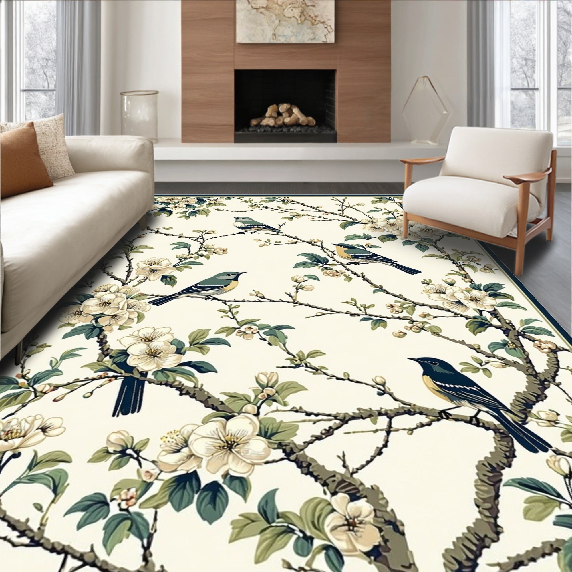 Birds With Cherry Blossoms Pattern Rug