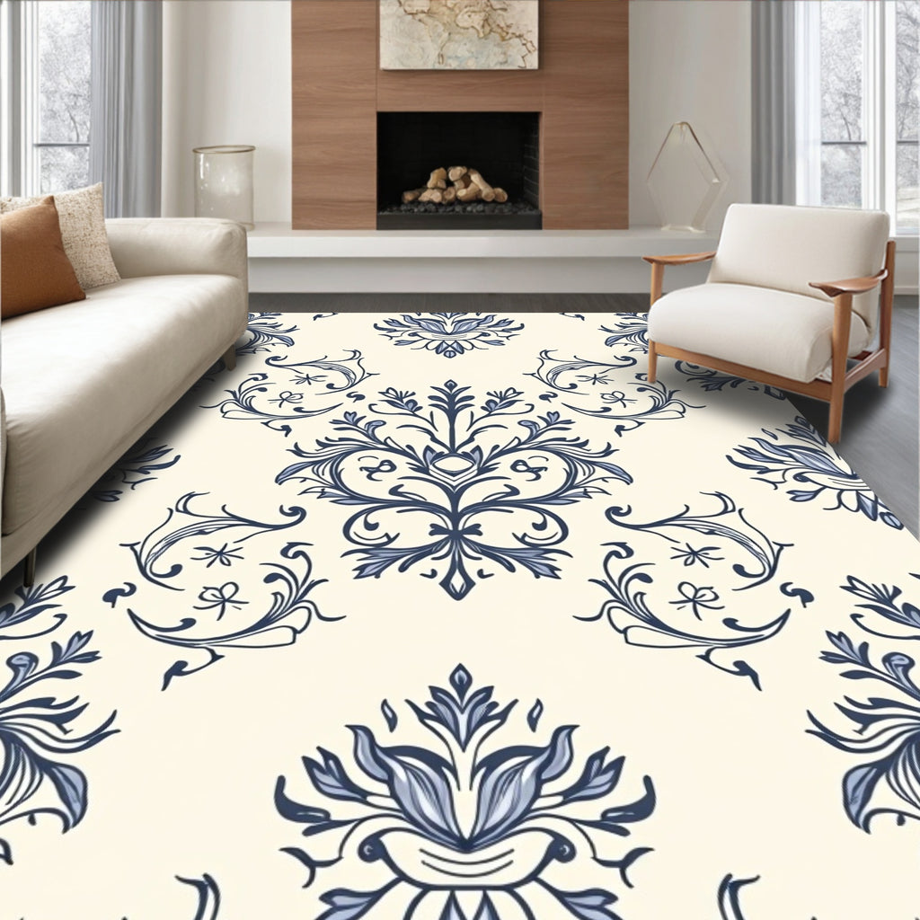 Classic Blue Floral Damask Pattern Rug