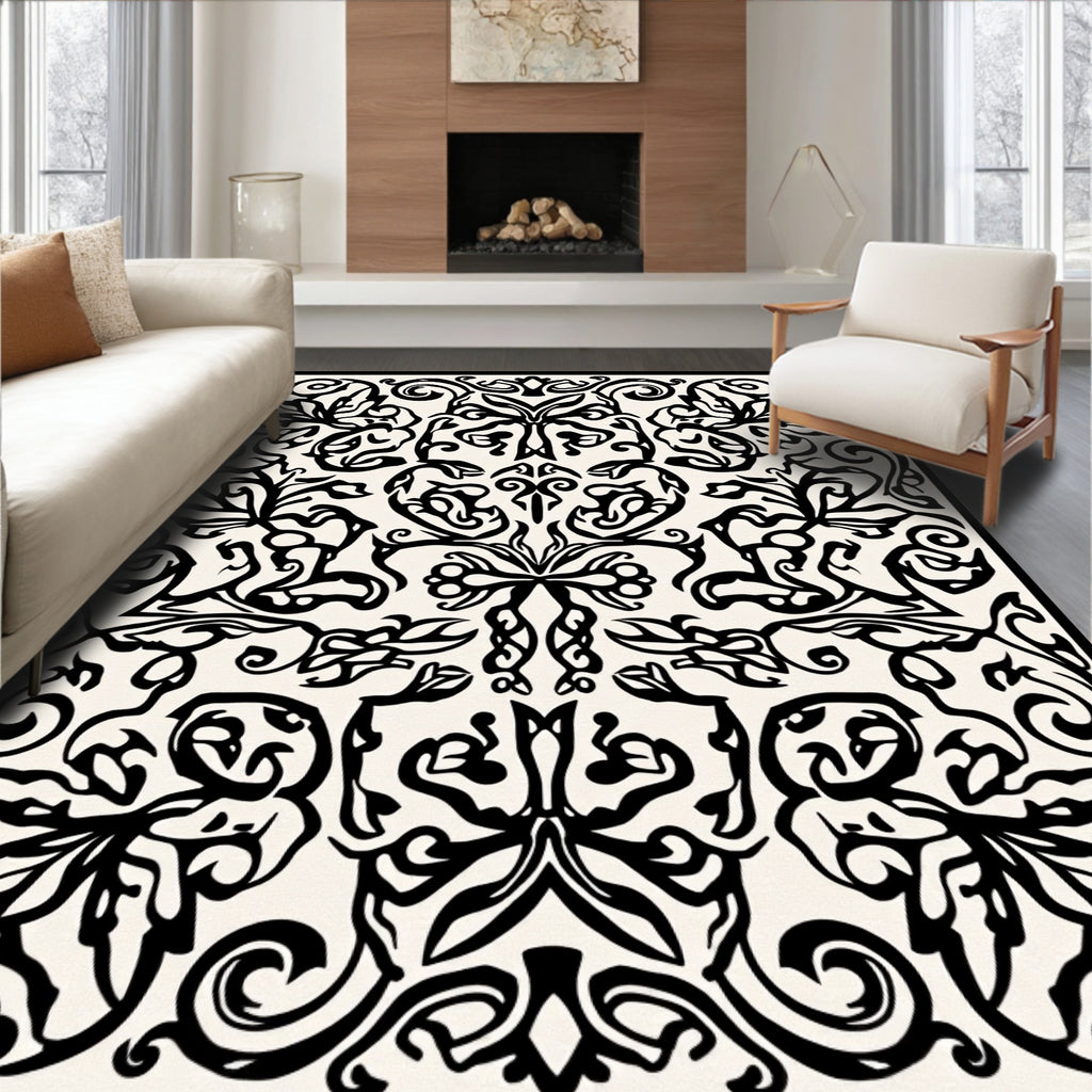 Intricate Black Cream Floral Pattern Rug