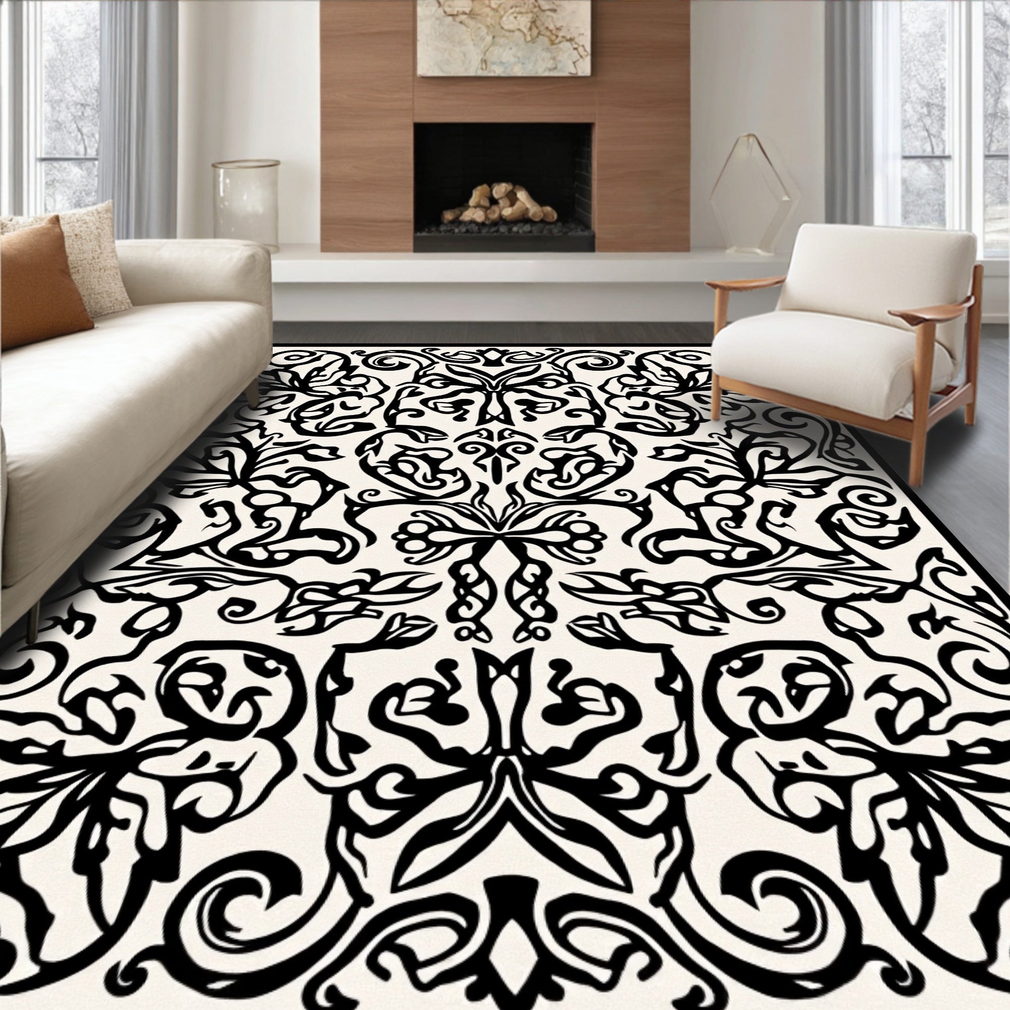 Intricate Black Cream Floral Pattern Rug